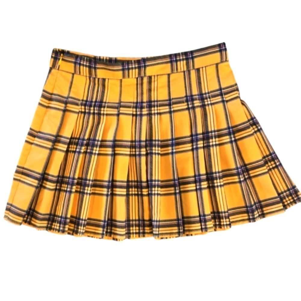 love, Fire Yellow Plaid Pleated Mini Skirt